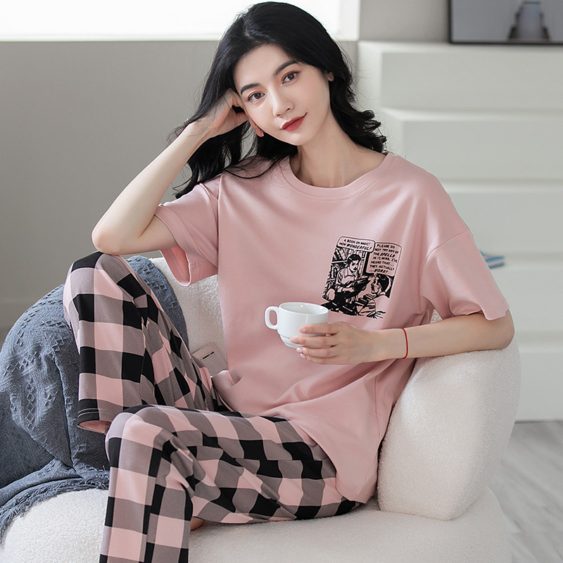 New Jiachun Pure Cotton Pajamas Women's Summer Pullover Short-sleeved Trousers Thin Cotton Outwear Student Home Clothes suit