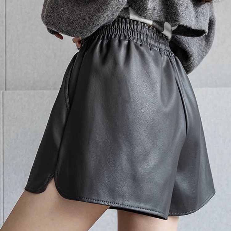 Casual PU Leather Shorts Women's Spring and Autumn Outwear Korean-style Short-fit High Waist Wide-leg A- shaped Leather Bottoming Boots Pants