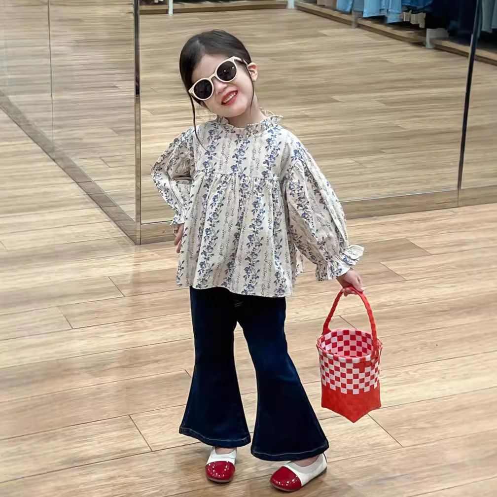 Picture of Girl's Floral Shirt 2024 Autumn Western-style Floral Auriculariar Collar Top Doll Shirt Stretch Denim Flared Pants