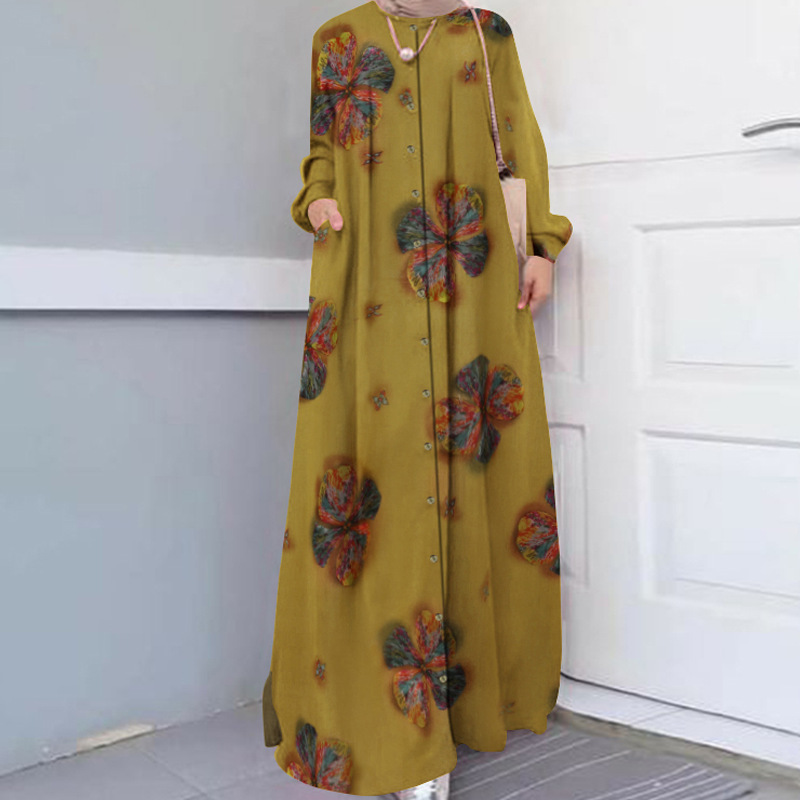 Picture of Cross-Border Trade Cotton and Linen Printed Shirts, Plus-Size Women's Casual Retro Long-Sleeved Robes, Loose Dresses