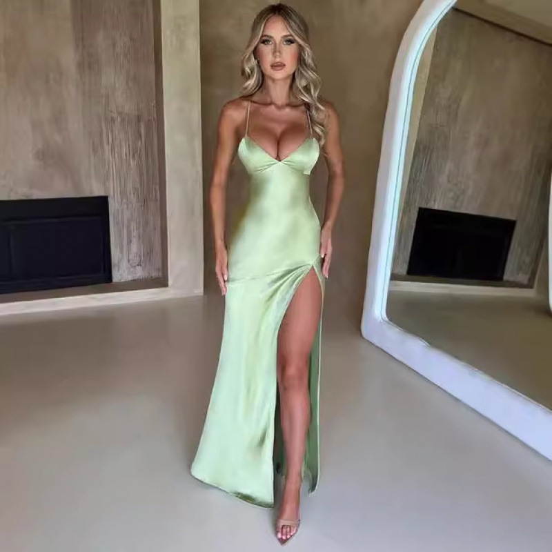 Foreign Trade European and American Women's Summer Dress New Pure Color Sexy Waist-Revealing Backless Sleeveless Slimming Look Long Dress for Women High-End
