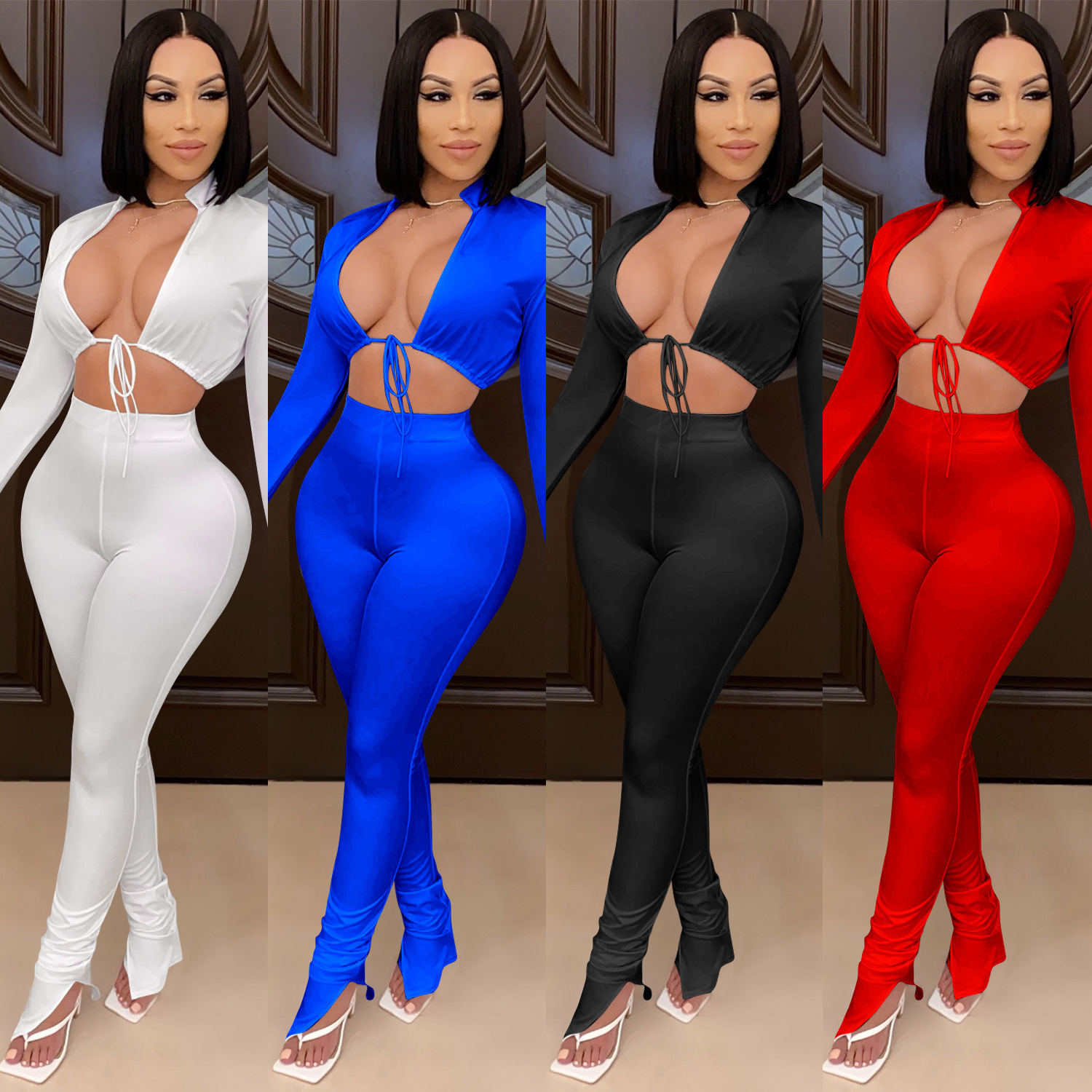 C3748 AliExpress AliExpress Fashion European and American Fashion Tight-fit Sexy Irregular Short Solid Color Two-piece Set for Women
