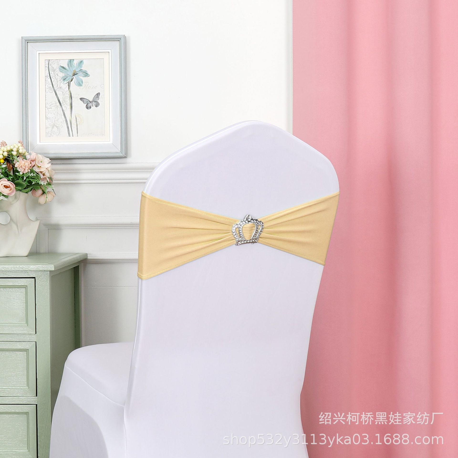 Picture of Chair Back Flower Bow Crown Diamond Buckle Elastic Banquet Chair Set Decoration Free Wedding Strap Ribbon Wedding Ribbon