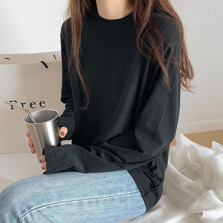 K-Style of Multi-Color Preppy Style Loose T-Shirt for Women 2025 Spring & Fall New Long-Sleeved Inner Round Neck T-Shirt Trbottomy