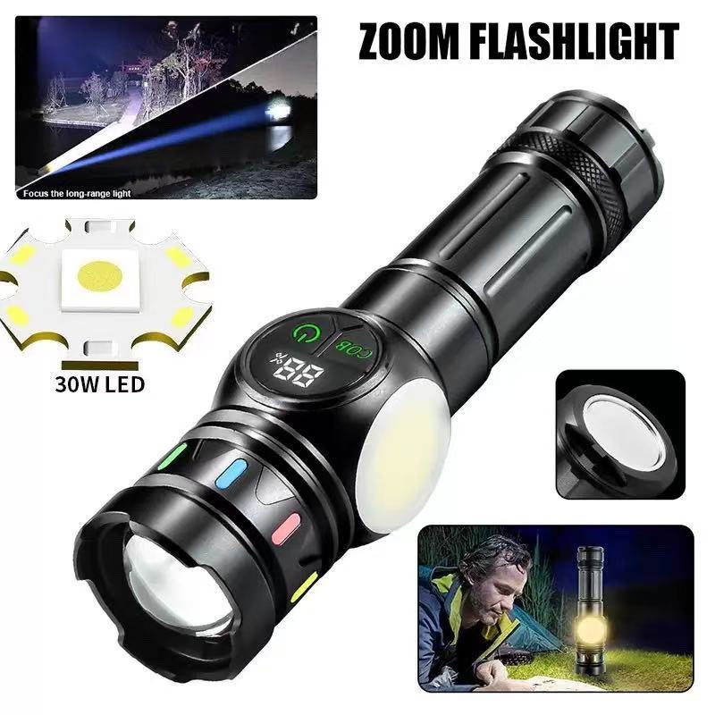 Cross-border new white laser + COB high-intensity flashlight, USB charging screen display, strong magnetic dual-switch LED flashlight
