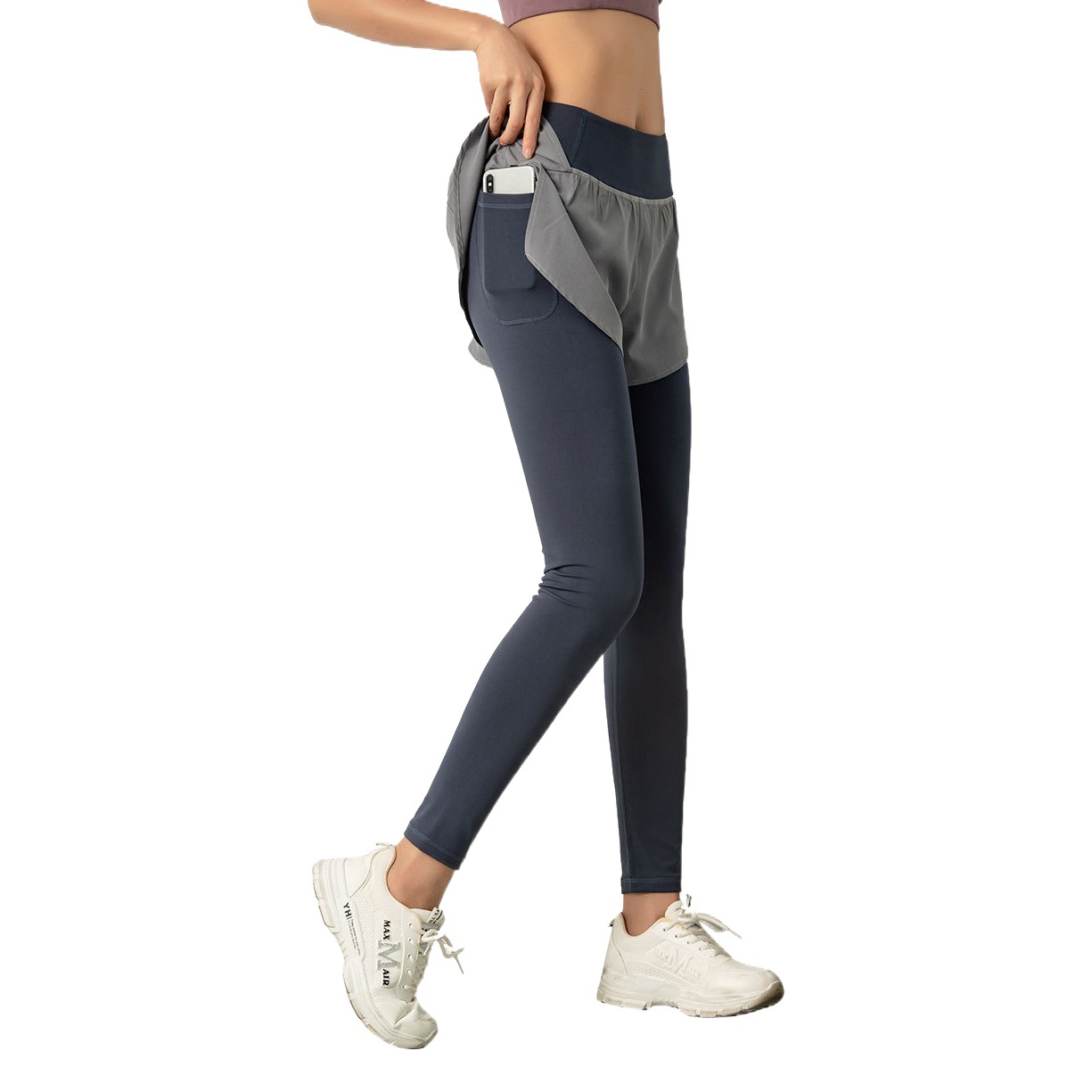 In-Stock Faux Two-Piece Yoga Pants for Women, Summer Long Pants, Running High-Waisted Skirt Pants with Pockets, Sports Leggings, Breathable, Butt-Lifting
