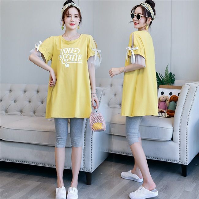 New Pregnant Women's Summer Half-sleeved T-shirt suit Korean Pregnant Women's Spring Mid-length Top dress Two-piece Set