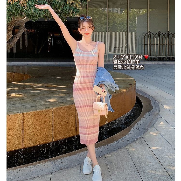 Rainbow Striped Sling Knitted dress Women's Summer Slim-fit Mid-length