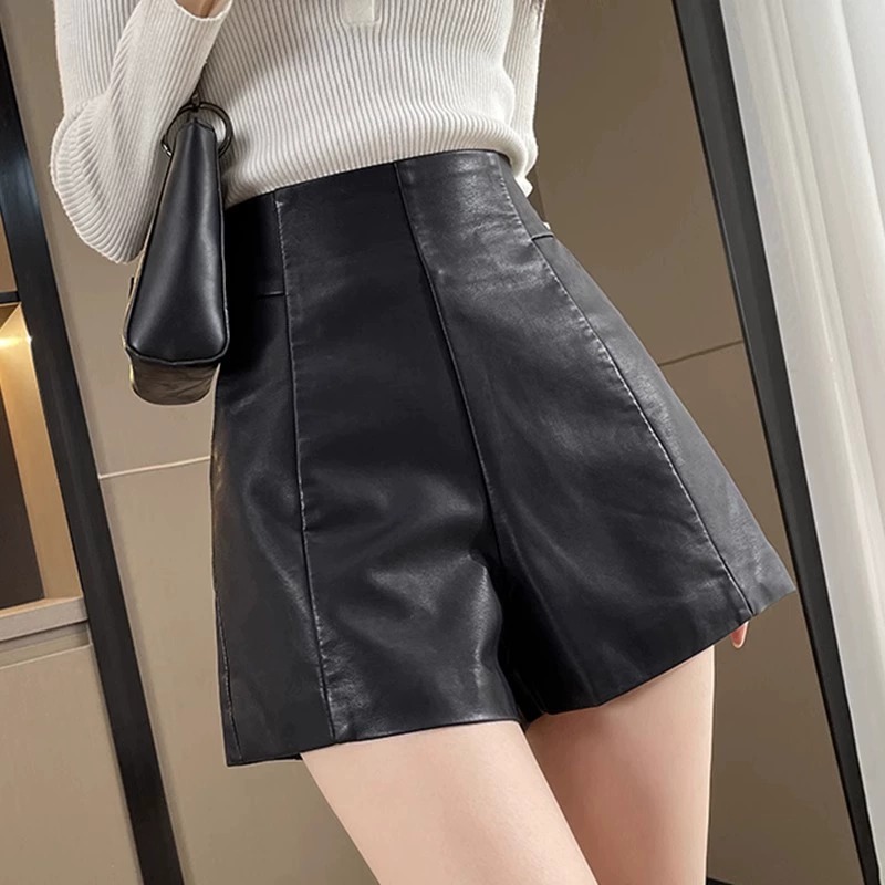 Picture of High waist leather shorts for women 2023 new popular autumn and winter A- line spring and autumn slimming pu wide leg outer wear black boot pants