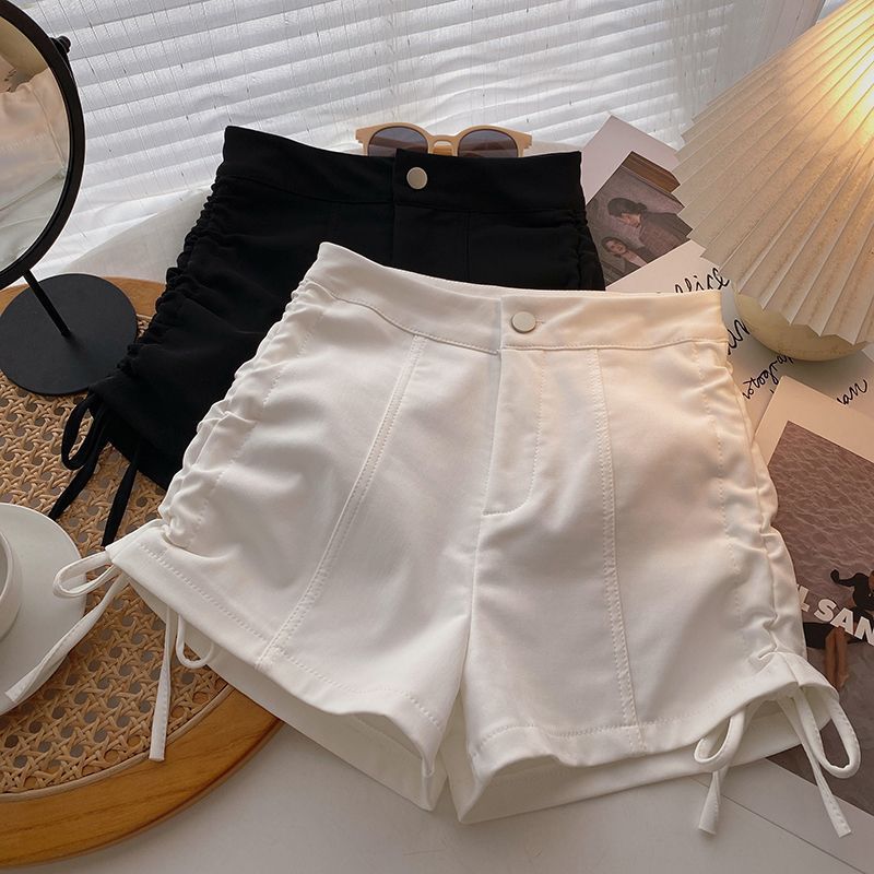 High-Waisted Slimming White Casual Pants for Women with Side Ties, 2024 Summer Korean Version Versatile Slimming Outer Shorts