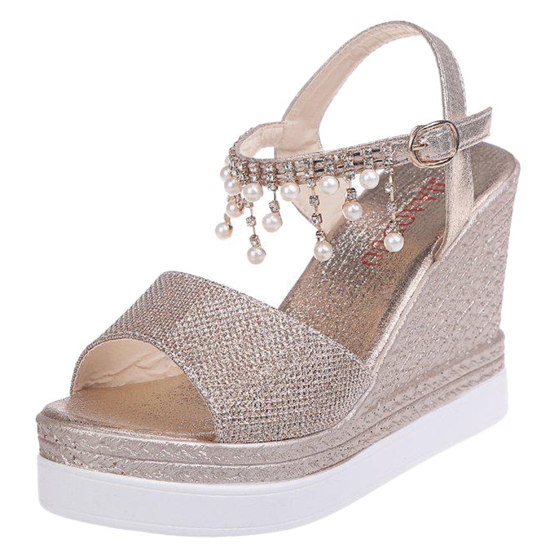 Women's Shoes New 2019 fashion wedge Pearl Diamond year women's sandals with buckle open toe casual sandals