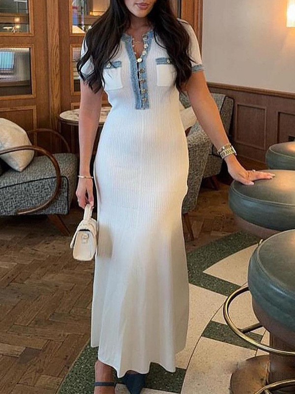 Cross-border European and American style summer women's new fashion round neck Denim single-breasted stitching knitted short-sleeved dress