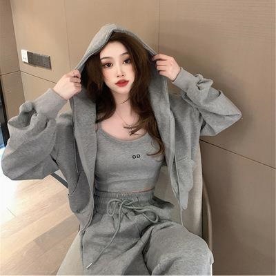 Picture of 2025 Early Spring Hong Kong Style New Leisure Sports suit Women's Trousers Zipper Sweatshirt Jacket Women's Sling Three-Piece Trendy