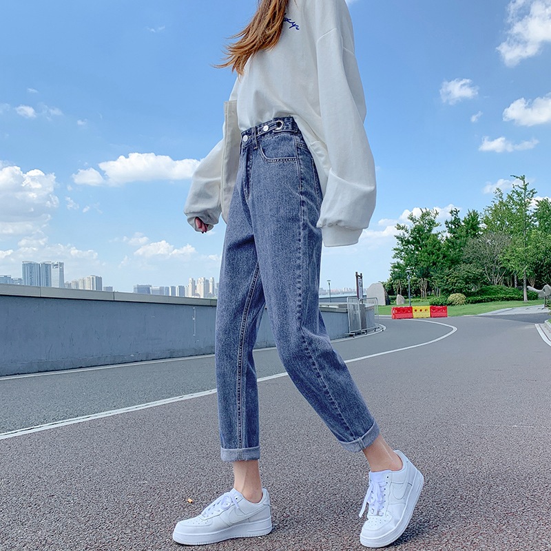 Cropped Dad Jeans Women's New Adjustable High Waist Slimming Retro Straight Loose High Radish Harem Pants