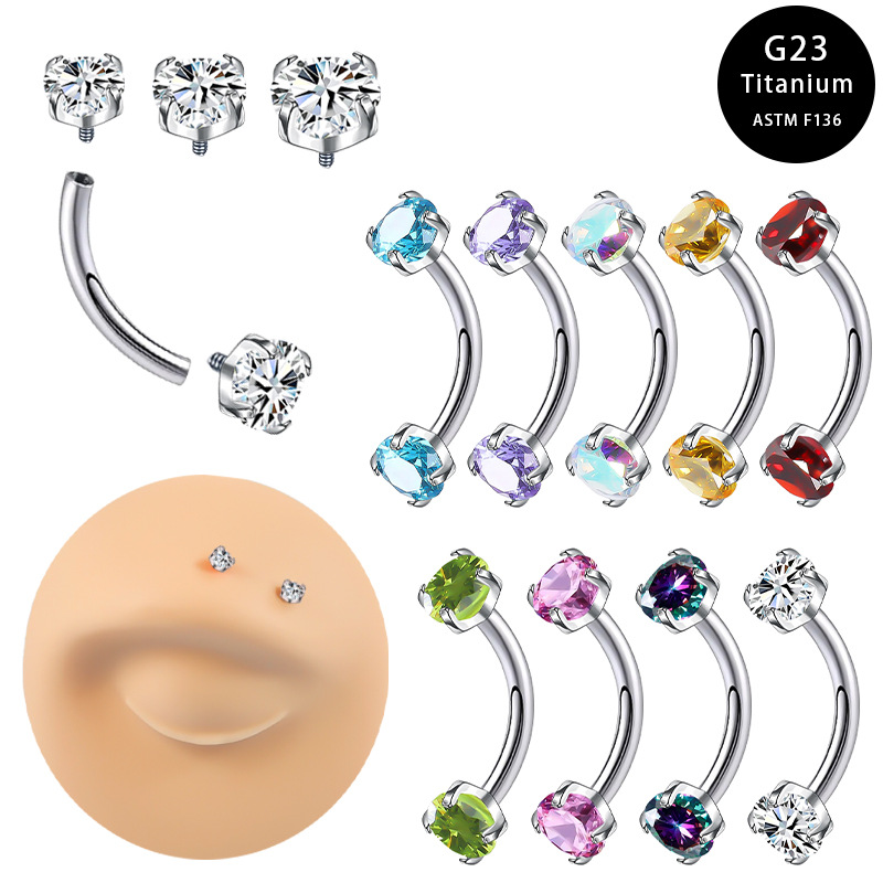 European and American Cross Mirror G23 Titanium Alloy Double Head Zircon Internal Thread Eyebrow Nail Facial Puncture Jewelry Bend Eyebrow Ring Soft