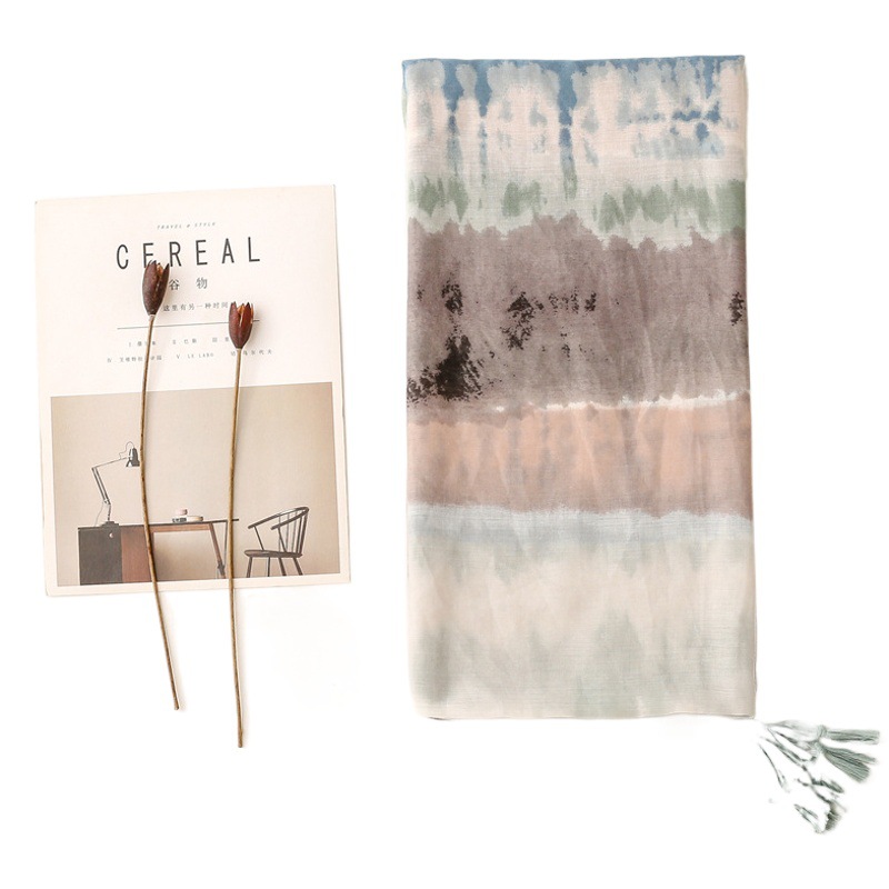 Foreign trade autumn and winter new gradient ink painting thick soft cotton and linen scarf warm handmade tassel sunscreen shawl