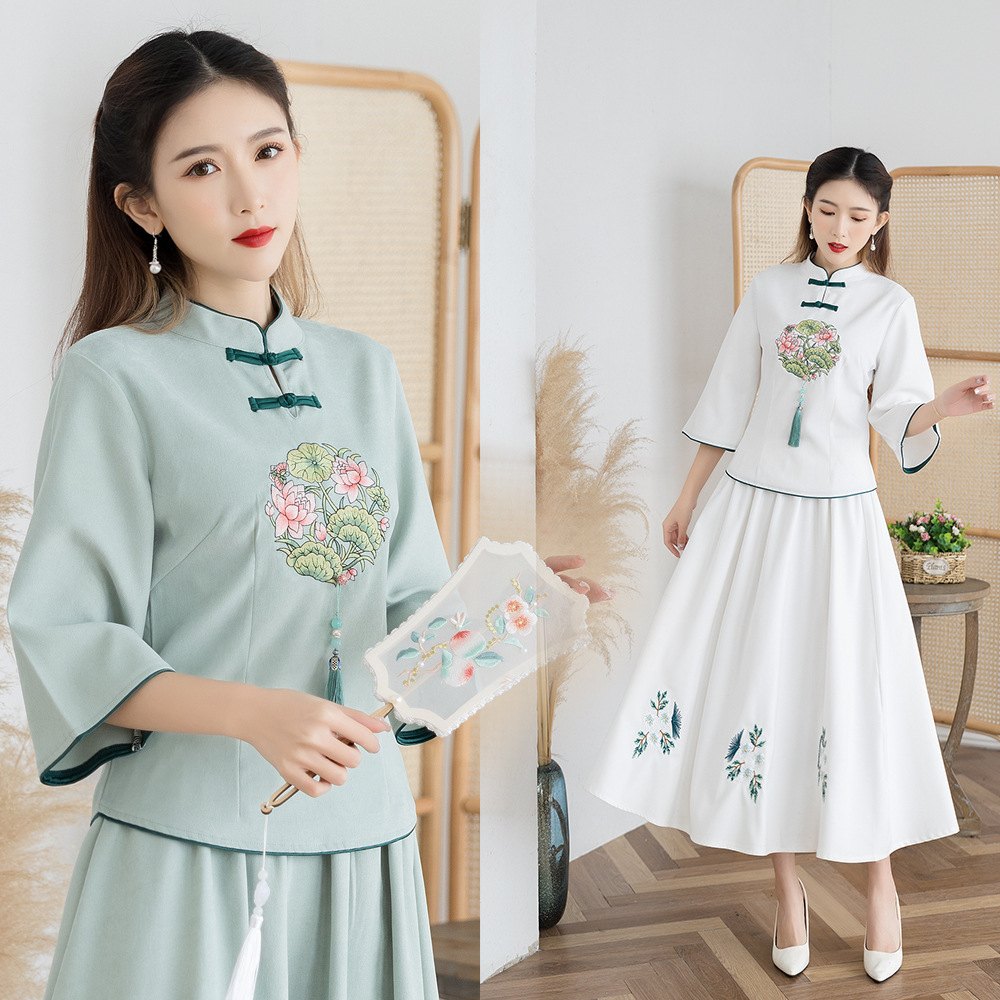 Picture of Republic of China Style Tang Suit Women's Clothing Improved Cheongsam Ear-picking Clothing Zen Style Young Tea Artist's Top Middle Sleeve suit Women