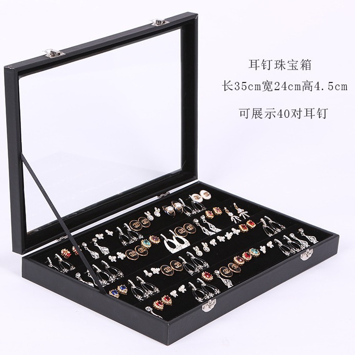 Feather Black Leather Jewelry Box Jewelry Display Box Glass Cover Ring Jewelry Box Jewelry Box Jewelry Display Box