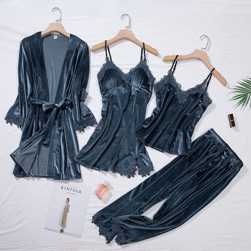 Picture of Velvet Pajamas for Women, Autumn and Winter Lace Nightdress, Camisole Robe Four-Piece Set, Long-Sleeve Loungewear, Thickened and Warm