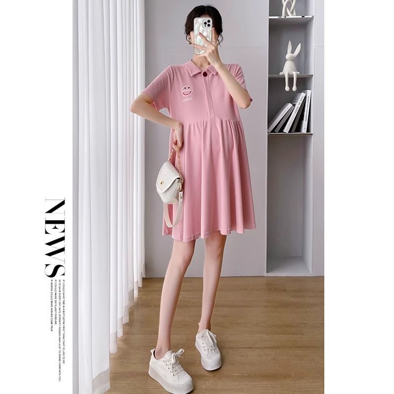 Picture of Pregnant Women's Dress Women's Summer Trendy Mom Thin Short-sleeved Top Pink Polo Collar Fashion Nursing Summer Dress
