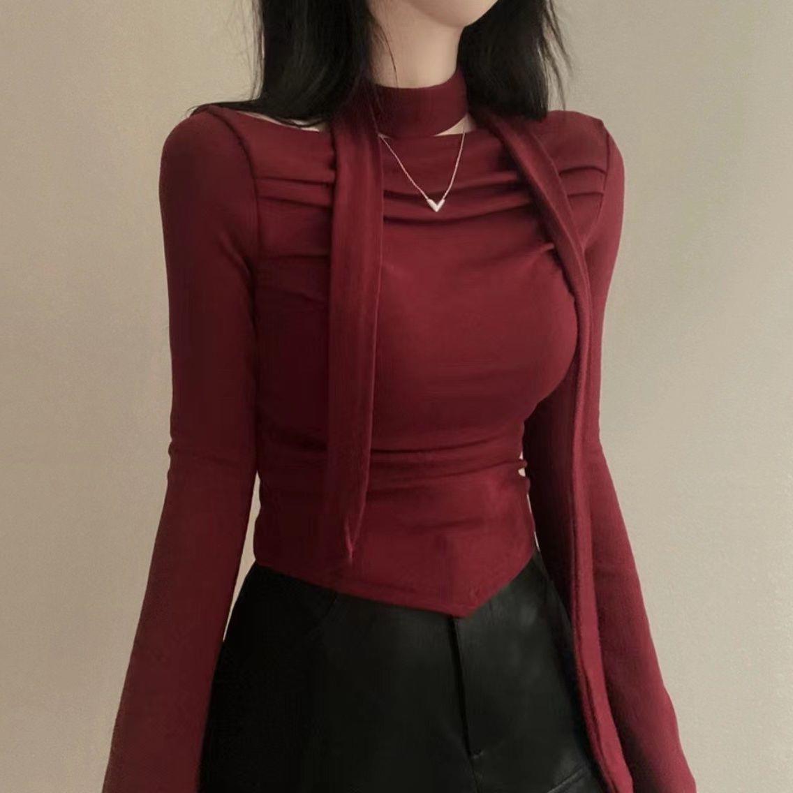 Korean Style Chic Autumn Slim-Fit Slimming Sexy Shoulder Scarf Long-Sleeved T-Shirt Women's Short Pleated Base Top