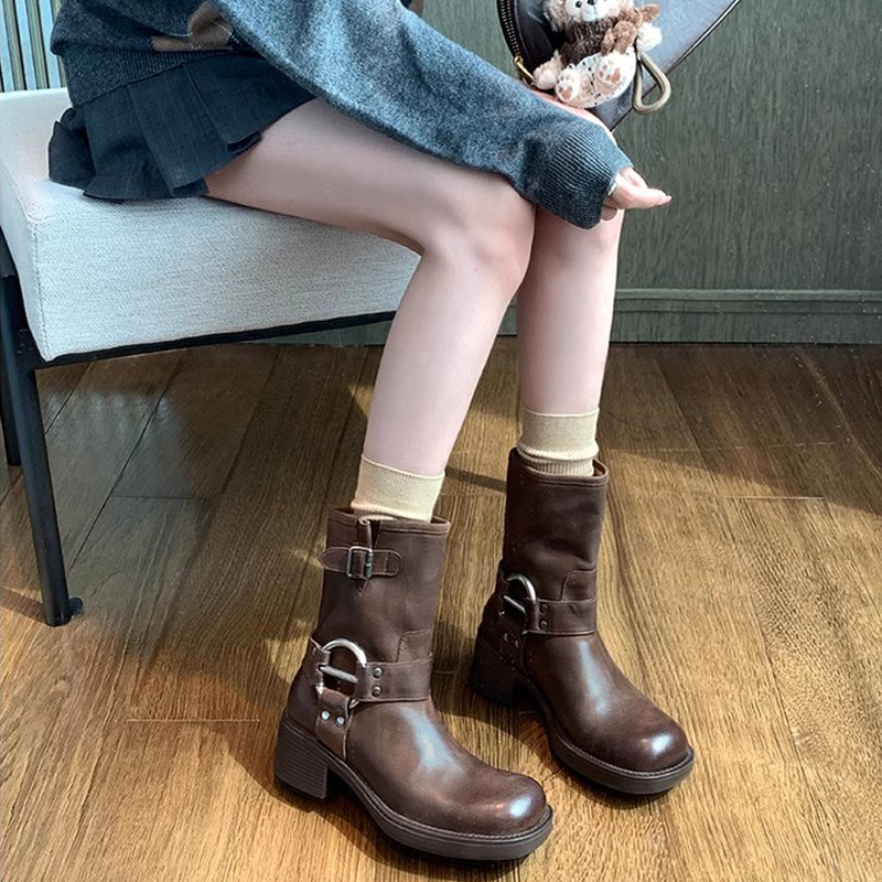 Picture of Grape Mom Punk Sweetheart ~ Metal Buckle Round Toe Retro Genuine Leather Motorcycle Thick Heel Western Short Boots 2025 New Style