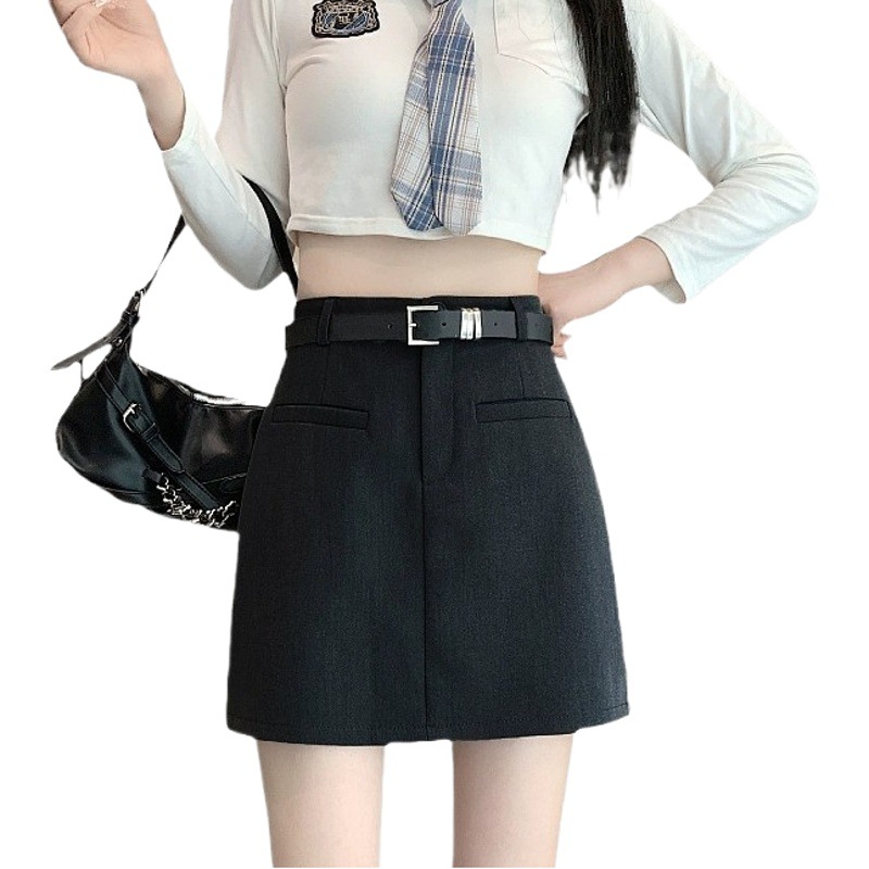 PPHOME college sweetheart ~ A- line suit skirt women's high waist gray skirt anti-exposure slimming sheath skirt