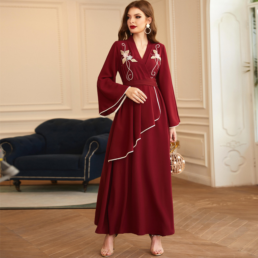 BA610 wine red hair ball decorative long sleeve dress Middle East clothing dress abaya