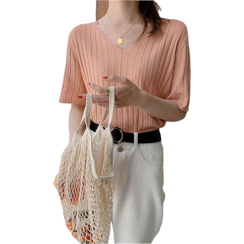 Chicken Heart Collar Base Shirt Women's Summer Loose Candy Color Matcha Green Top Thin Ice Silk Short-sleeved Knitted T-shirt