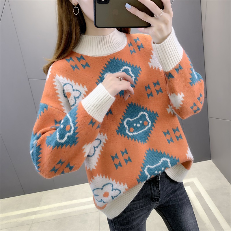 Picture of Thickened sweater women's autumn and winter 2024 new fashion jacquard loose half turtleneck bottoming sweater top