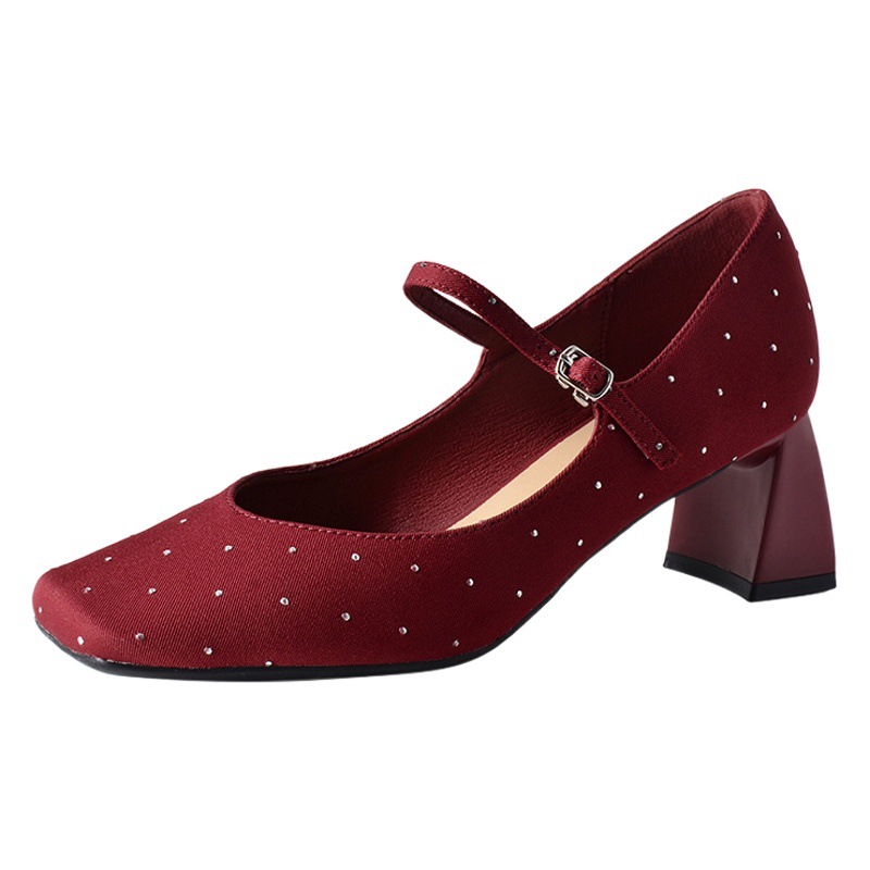 5525-9 Ancora Red Retro Diamond-encrusted Square Toe Thick-heeled Buckle Belt Mary Jane Shoes Women's High-heeled Single-layer Shoes
