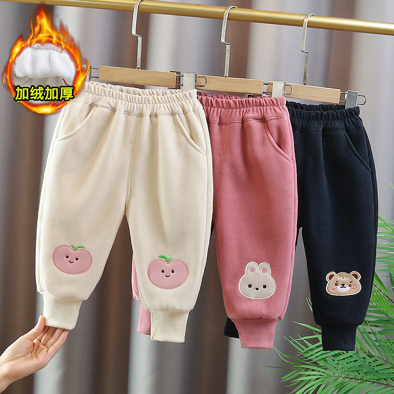 Girls fleece-lined Cartoon Pants Autumn and Winter Outer Wear 2024 New Style Children's Trousers Girls Winter Warm Women's Treasure
