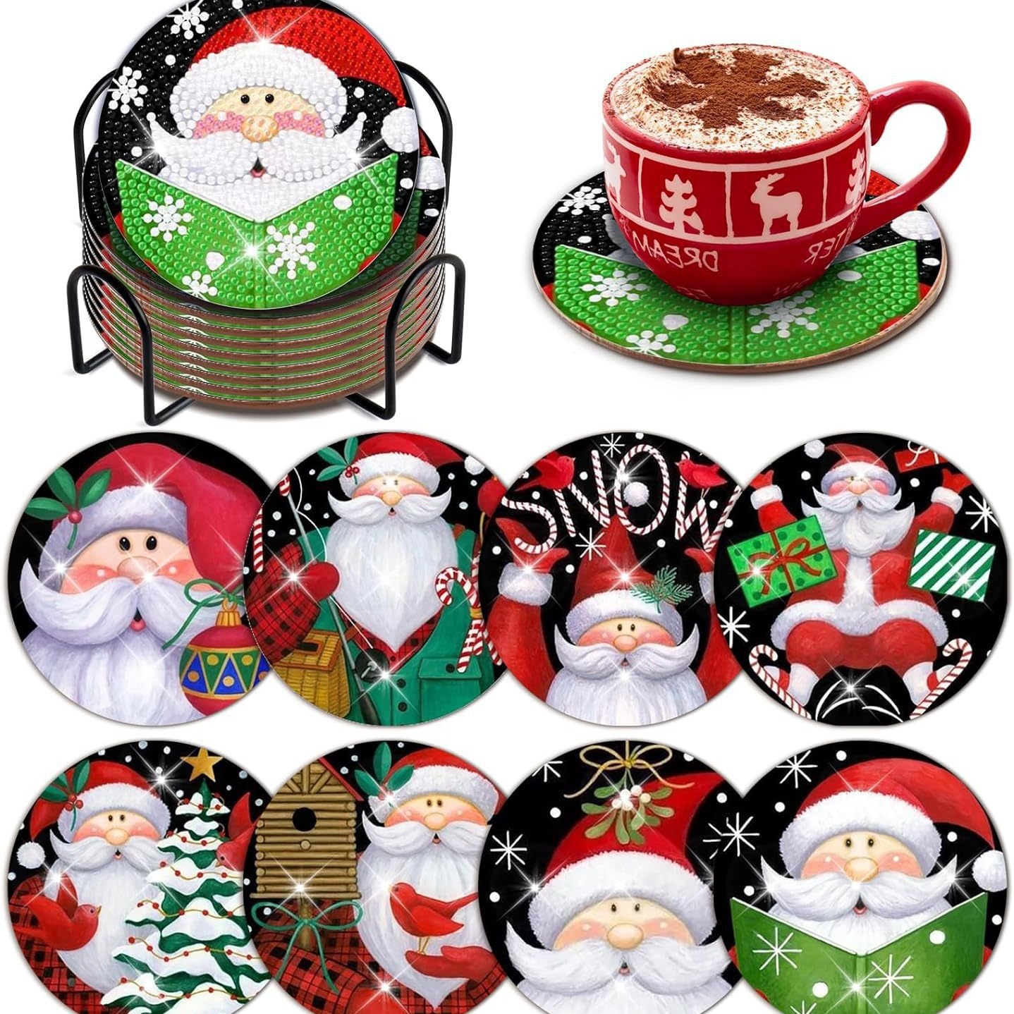 8 pieces Santa diamond art painting coaster kit stand Santa diamond art non-slip coaster