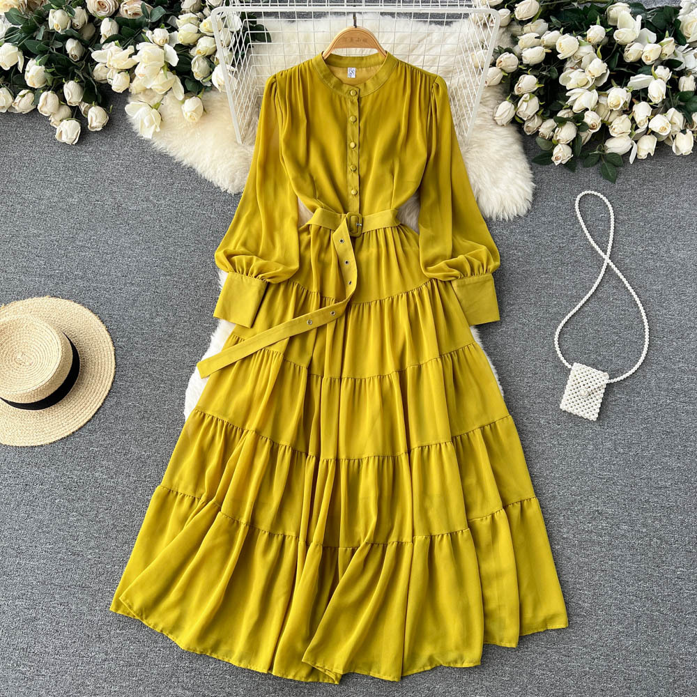 Spring New V-neck Single-breasted Chiffon dress Women's French Style Retro Tight Waist Slimming Big Swing A- line Long dress Trendy
