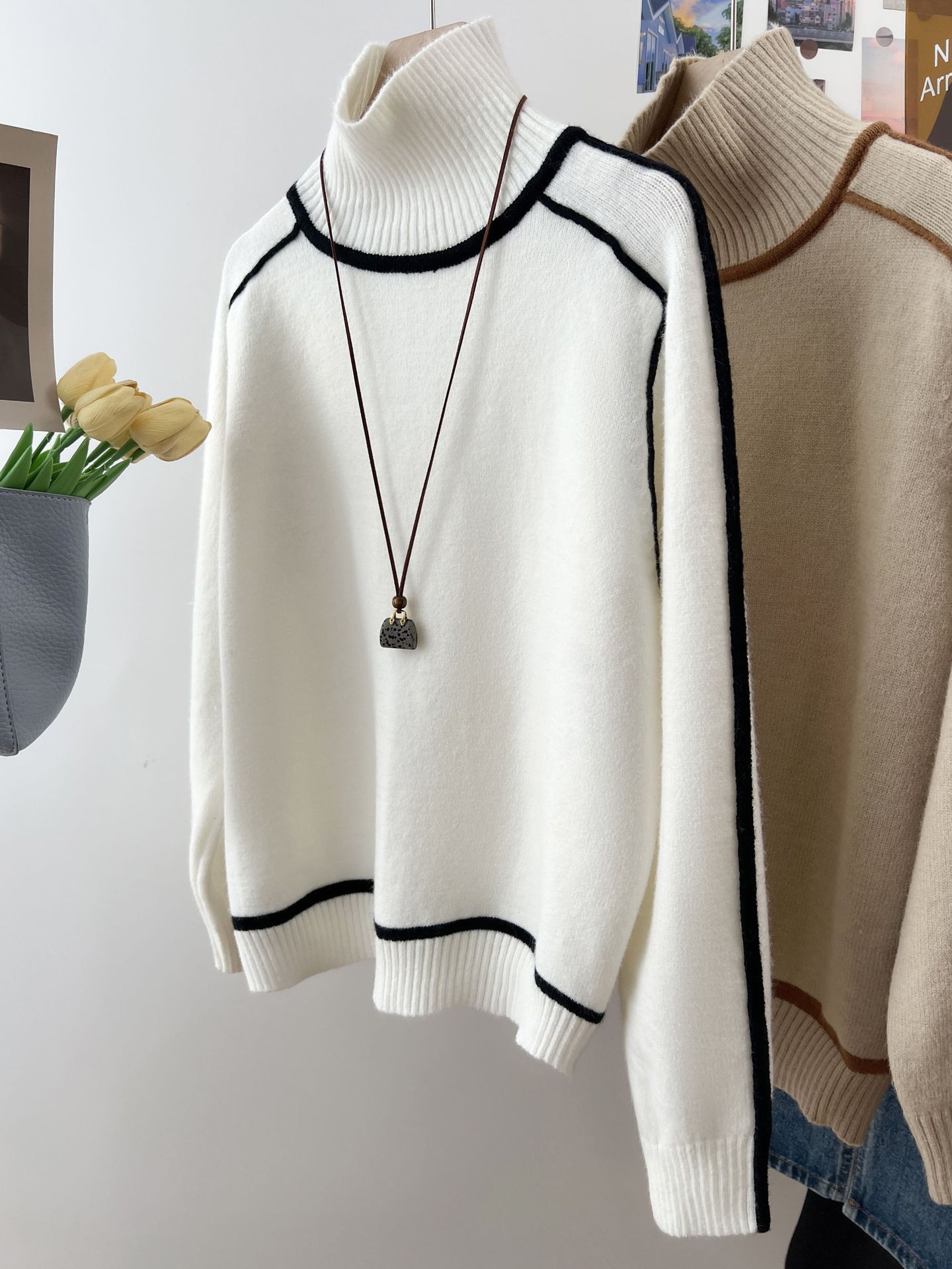 French Style Elegant Loose Contrast Striped Edge Turtleneck Sweater Women's New Autumn and Winter Lazy Style Pullover Top Sweater