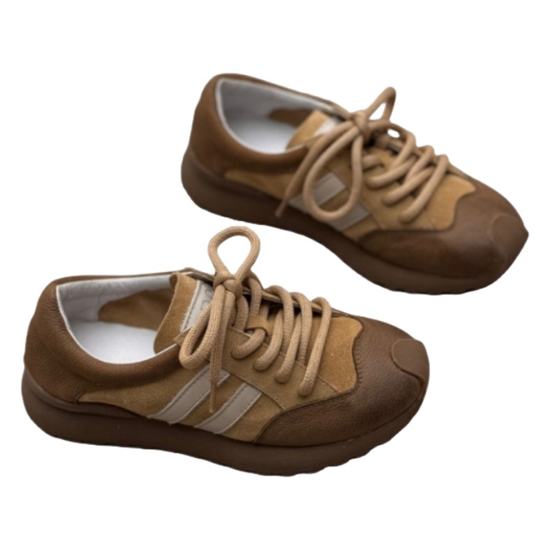 Retro handmade genuine leather argan shoes 24 spring and summer new sports casual style color matching lace-up soft cowhide daddy shoes for women