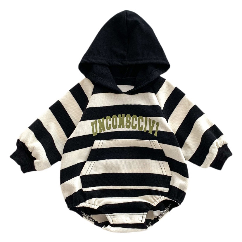 Ins K-Style Baby Spring & Fall Hooded Stripesd Bag Fart Clothes Newborn Male and Female Baby Fashionable Sweatshirt One-Piece Rompers