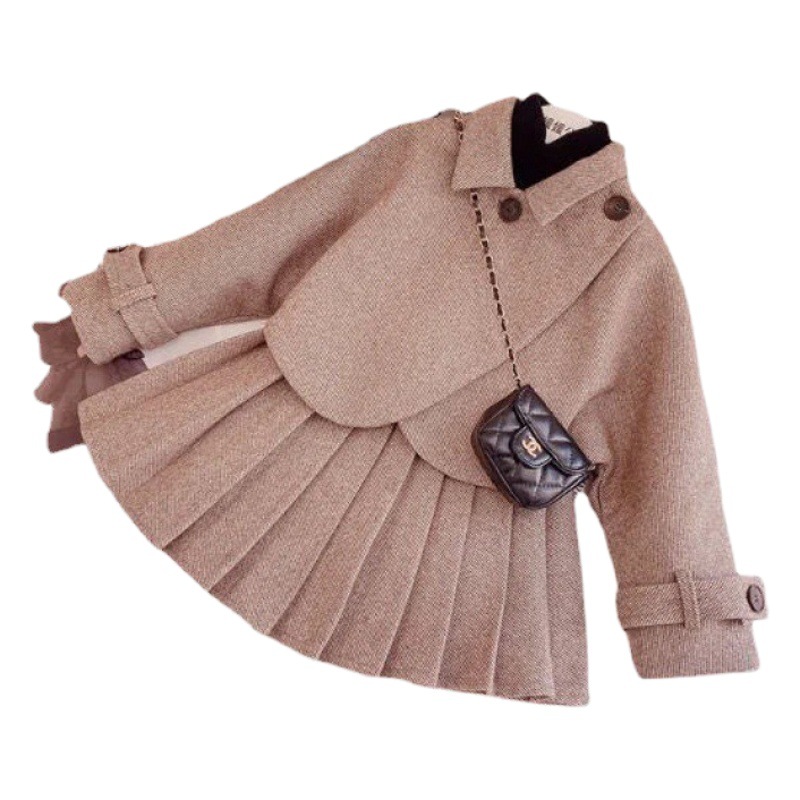 6386 Spring Girl's Wool suit Coat Pleated Short Skirt Two-piece Set Girl's cotton and thickening Fashion