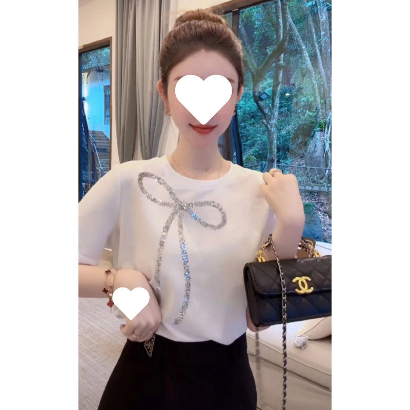 2025 Heavy Industry Embroidered Bow Sequin Design Short-sleeved T-shirt Women's Summer Stylish Age-reducing Fashion