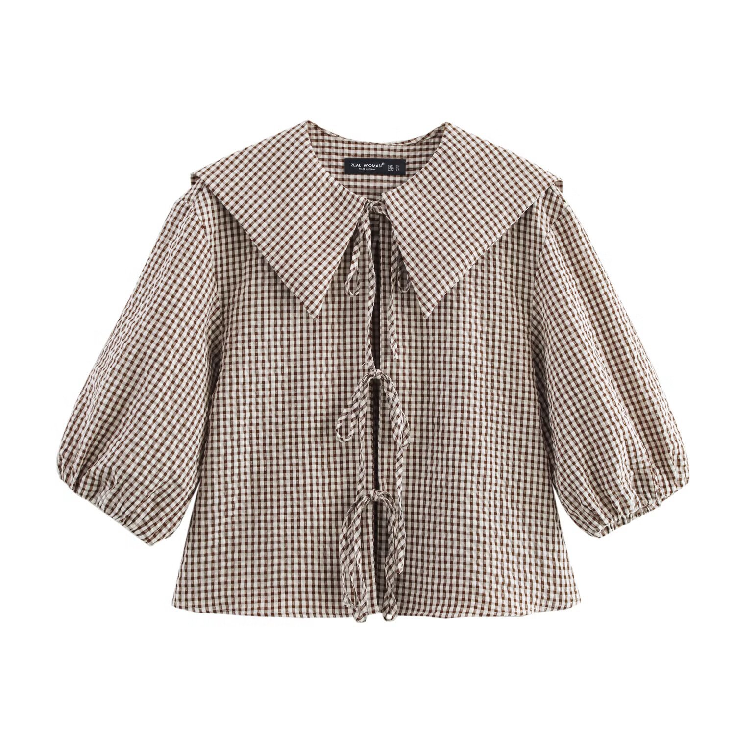ZA cross-border women's clothing wholesale European and American style new lace-up puffy sleeves loose casual plaid shirt 3067044