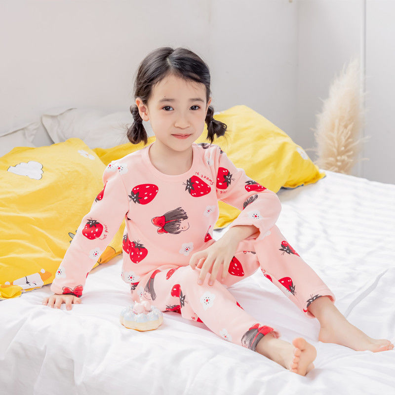 Picture of Fleece-lined children's thermal underwear boys' thickened autumn clothes long pants suit girls' pajamas children's autumn and winter