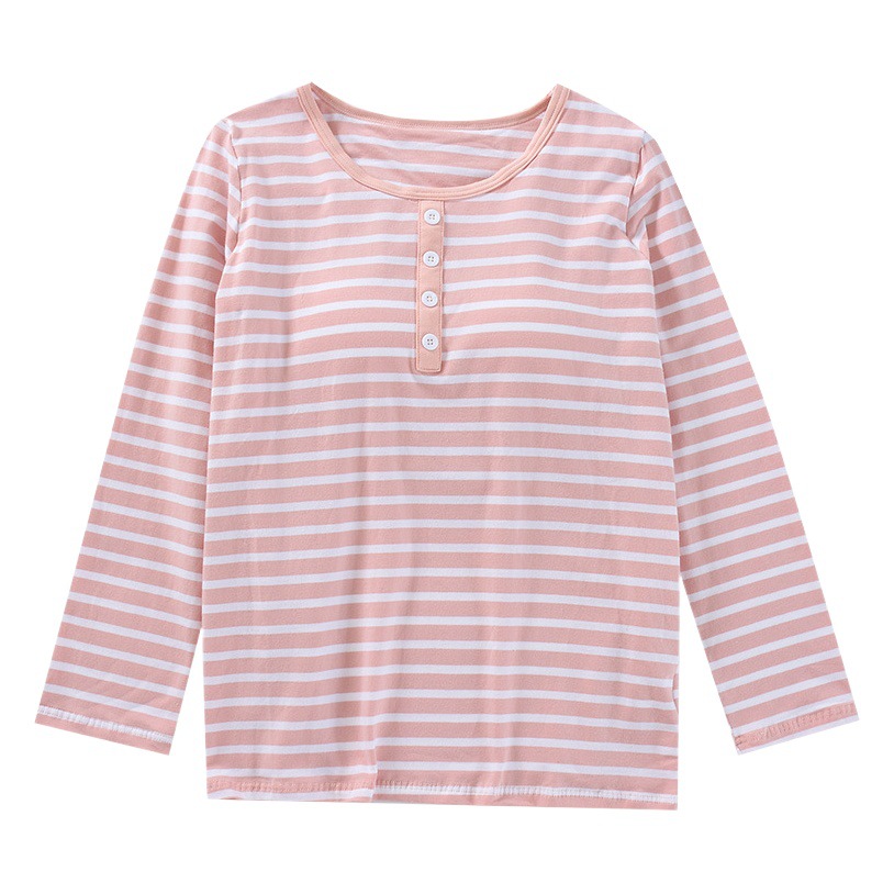 Striped Long-sleeved Women's Home Clothes Top with Chest Pad Cup Integrated Underwear Round Neck Outer-wearing Pajamas T-shirt Cotton
