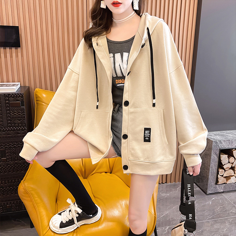 2025 Early Autumn New Korean Style Mid-Length Loose Large Size Solid Color Cardigan Thin Jacket Drawstring Hooded Sweatshirt for Women