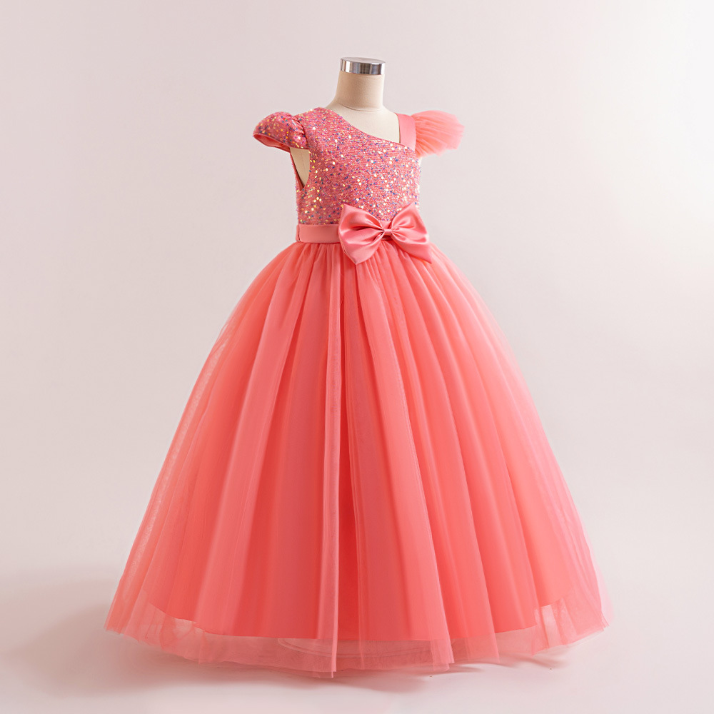 2025 European and American Girls' Dress Evening Dress Evening Dress Sequin Bow Fluffy Mesh Skirt Long Princess Dress