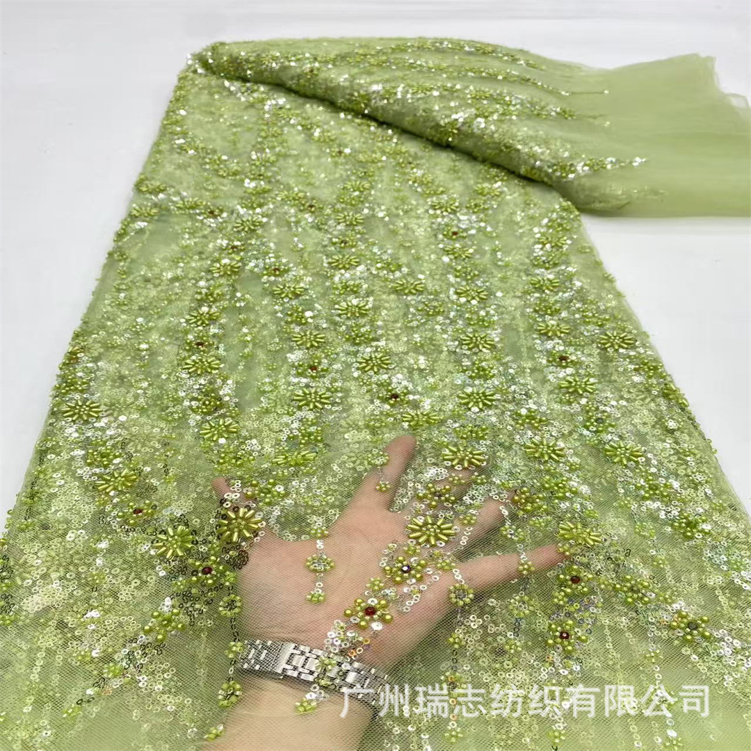 French Wedding Dress Fabric Heavy Diamond Beads Rice Beads Embroidered Lace Fabric Bridal Sequins Lace Fabric