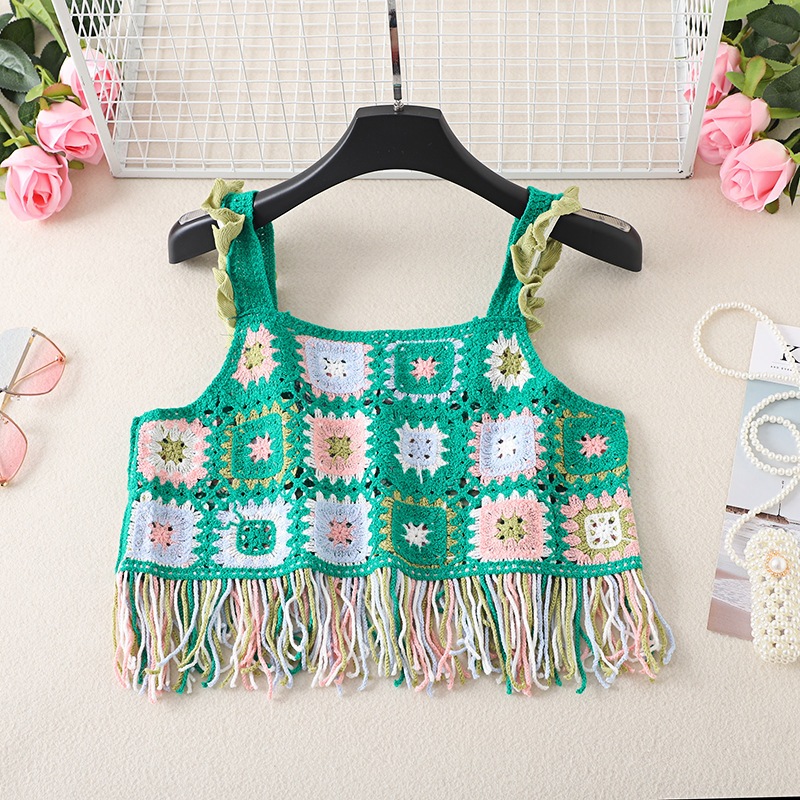 Artistic retro colorful hollow-out knitted camisole women's summer outer wear pure hot girl sexy short camisole top