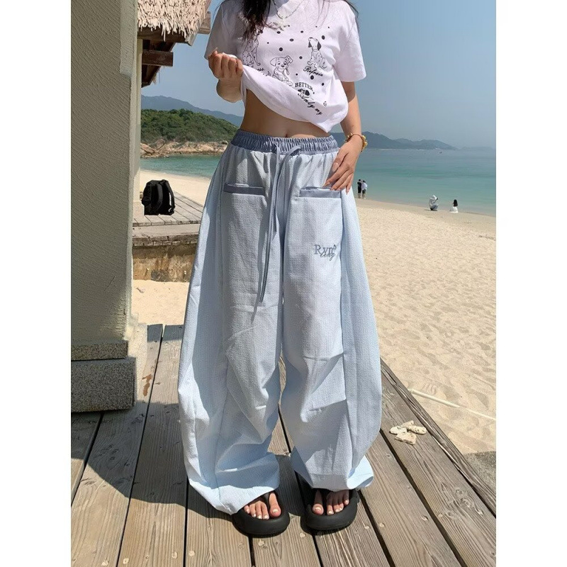 Spring and Summer American Sports Plaid Wide-Leg Casual Pants 2025 New Straight Versatile Letter Embroidered Trousers Trendy