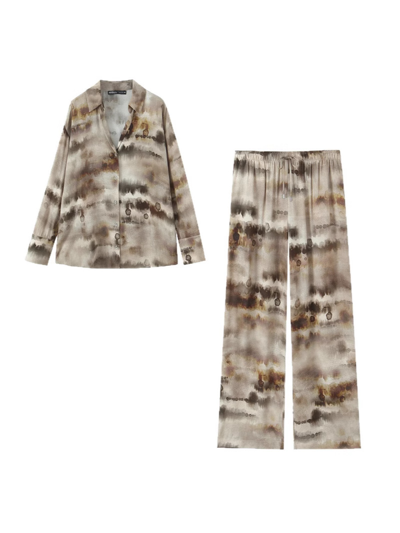 Foreign trade list! 2025 Summer New European and American Style Tie-Dye Silk Satin Texted Shirt Wide Faded Pants Set