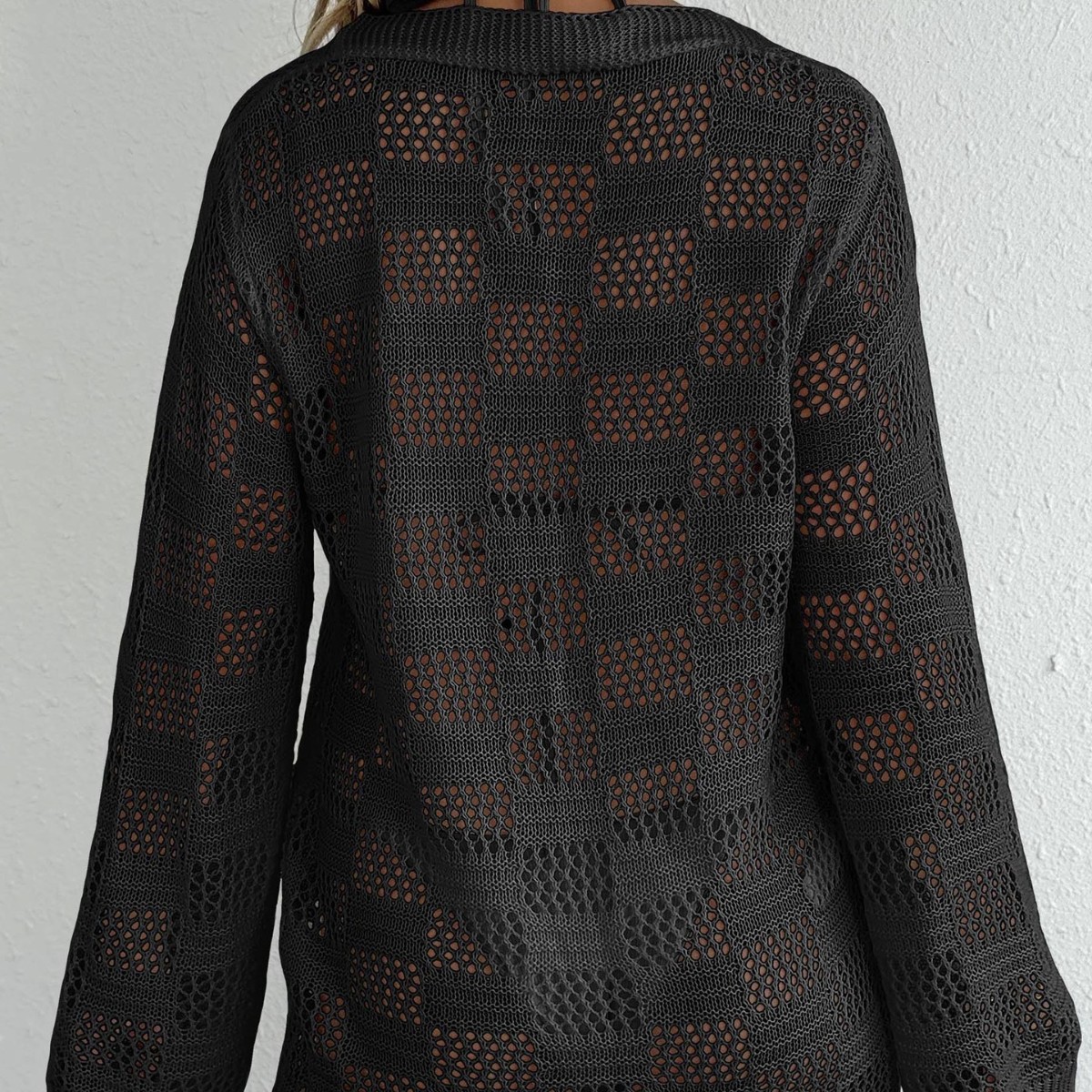 Picture of Women's Cardigan Cross-border European and American Women's Woven Shirt Hollow Long-sleeved Sunscreen Bikini Blouse Strap Beach Jacket