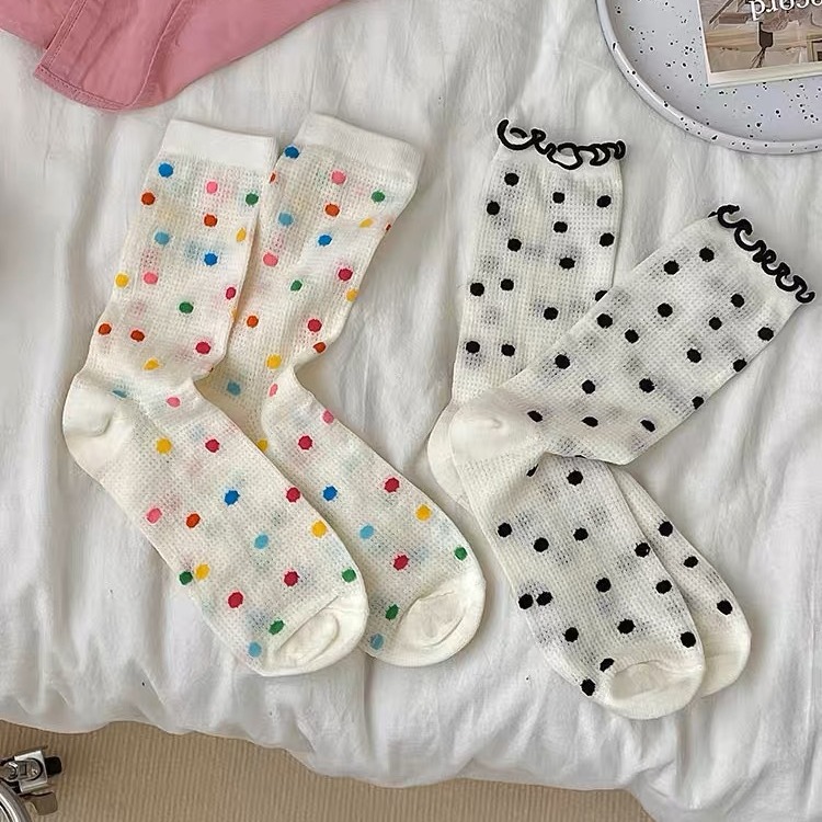 Polka Dot Socks Women's Thin Mid-Calf Socks Breathable Korean Ins Summer Lace Pile Socks with Mary Jane Heart